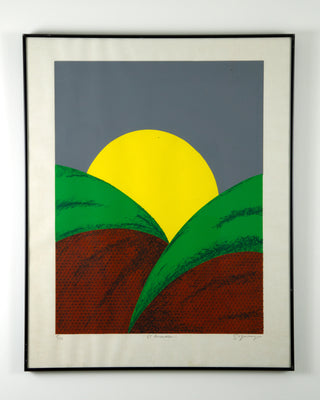 “El Amanecer”  Artist: Herbert Sigüenza Period: circa 1980 Medium: Silkscreen Herbert Sigüenza (b. 1959) was trained as a printmaker and artist. He attended the California College of Art and Crafts and later become the art director for La Raza Silkscreen Center (later known as La Raza Graphics.) Available at Fonfrege.com