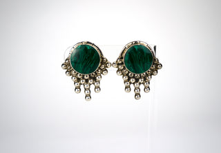 Designer: Car-isa Period: 1950’s Dimensions: 1.50”x1” Material: sterling, malachite Condition: Excellent  Car-isa and others in Taxco played with the theme of bubbles, creating graphic forms that were both modern and playful. At once bubbling-up and cascading down. Clip on earrings. Available on Fonfrege.com